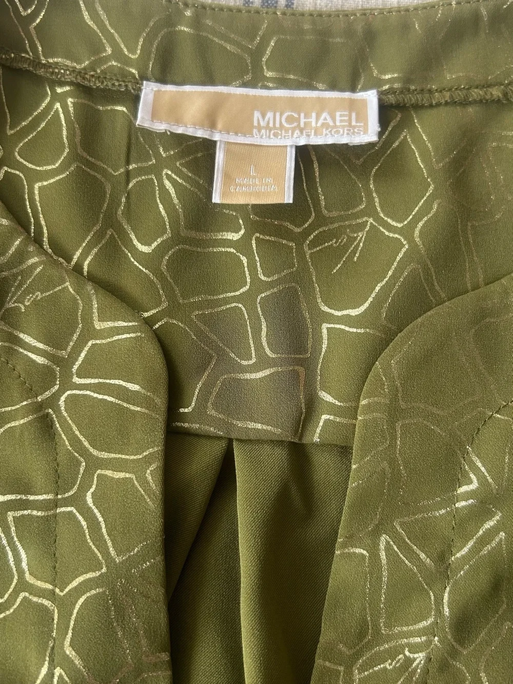 Michael Kors Olive Green Geometric V-Neck Tie-Sleeve Blouse